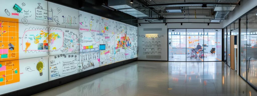 a sleek, modern studio in cardiff, featuring an expansive whiteboard covered in vibrant sketches and concepts, illuminated by dynamic overhead lighting that highlights the harmonious blend of creativity and functionality in an engaging collaborative workspace.