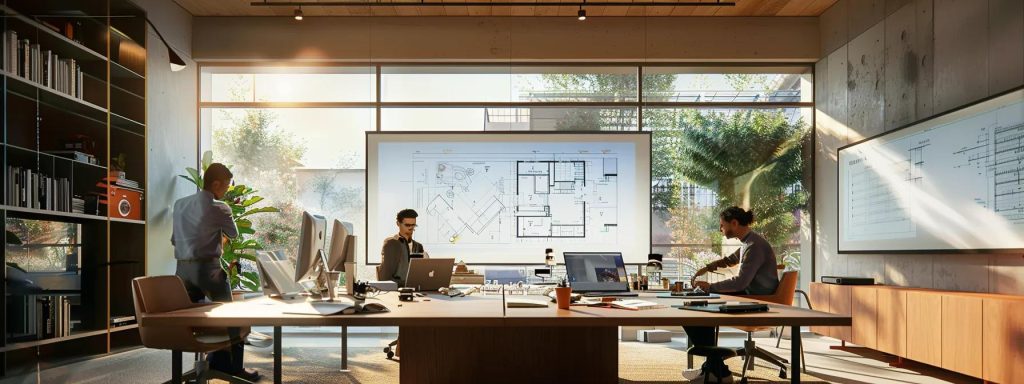 a sleek urban office space featuring a modern architectural design table, digital blueprints projected on multiple screens, and a focus on a dynamic team collaborating energetically to streamline the design process for cardiff residential properties.