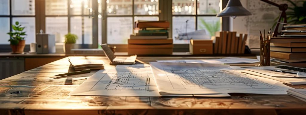 a sophisticated architect's office, featuring elegant blueprints and rendered designs displayed prominently on a sleek wooden table, illuminated by warm, focused lighting that highlights the intricate details of traditional construction methods and bespoke architectural features.