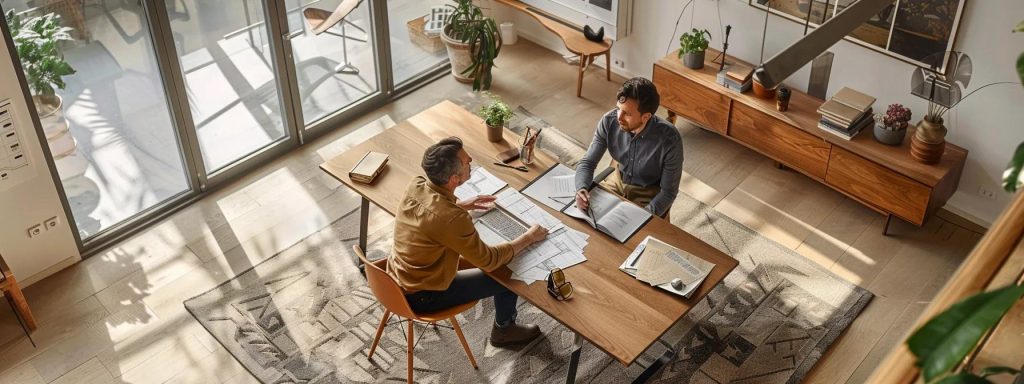 a sophisticated office setting features an engaging discussion between an architect and a homeowner, with architectural plans displayed prominently on a sleek conference table, embodying the essence of personalised communication and collaboration in a creative workspace.