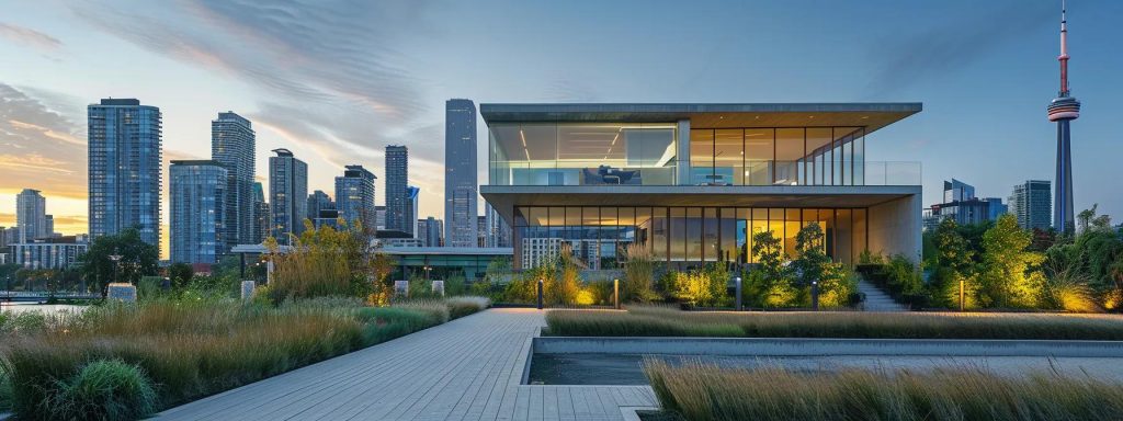 a striking contemporary house showcases minimalist architecture with expansive glass facades and sleek concrete finishes, set against a crisp urban skyline, highlighting the seamless blend of functionality and modern aesthetics.
