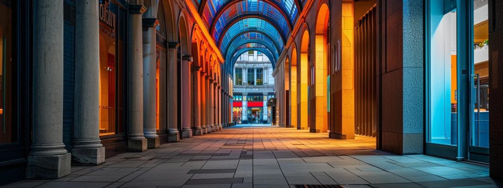 a vibrant urban streetscape in cardiff showcasing a striking blend of modern architectural designs featuring reinterpretations of classical columns and archways, symbolising the fusion of historic heritage with contemporary innovation, illuminated by warm, inviting lighting.