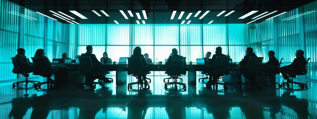 an elegant office meeting room, featuring a large conference table surrounded by sleek chairs, where professionals attentively discuss comprehensive tender documentation illuminated by focused overhead lighting, highlighting the importance of clarity and collaboration in design and build projects.