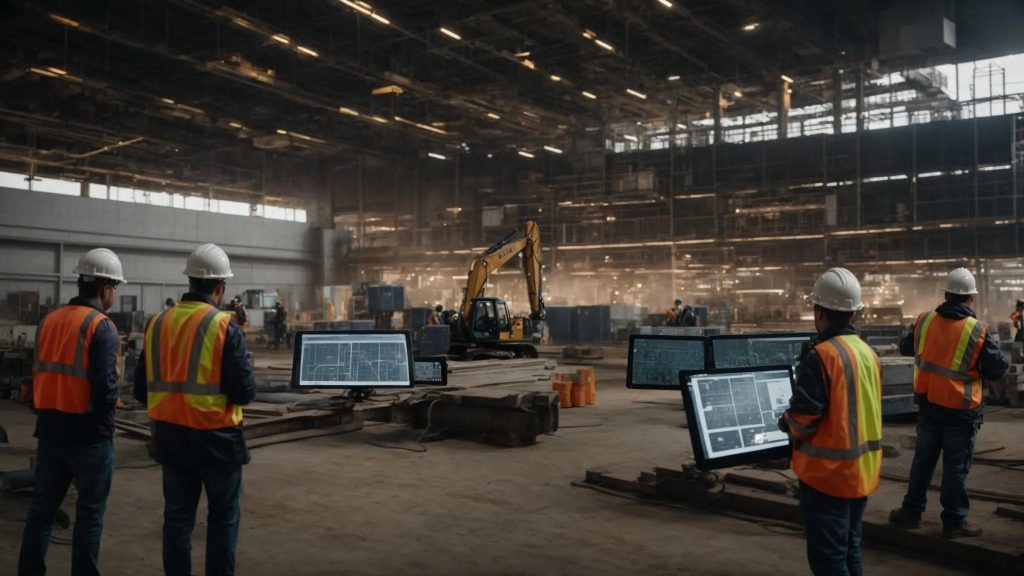 a modern construction site bustling with activity, featuring engineers collaborating over digital blueprints on tablets, as ai-driven machinery operates in the background, illustrating the transformative impact of technology on traditional roles and skills in the industry.