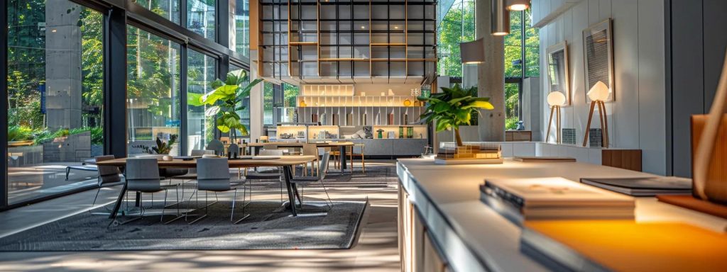 a sleek, modern architect's office in cardiff showcases a striking display of diverse architectural models and portfolios, highlighting innovative designs and sustainable concepts against a backdrop of elegant, minimalist d&eacute;cor.