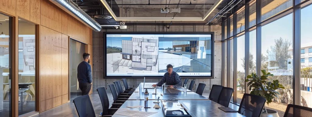 a sleek modern office, featuring a large interactive screen displaying advanced architectural blueprints and vr simulations, with architects collaborate around a contemporary conference table, embodying the innovative spirit of design and build methodologies in construction.