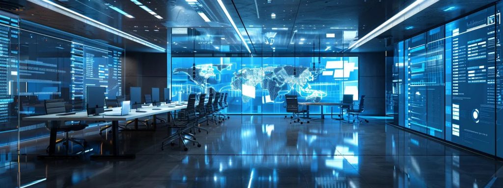 a sleek office environment showcases a modern conference room filled with professionals engaging in a dynamic discussion, surrounded by advanced technology displays illustrating digital project management tools and design strategies, symbolising the integration of design and build procurement.