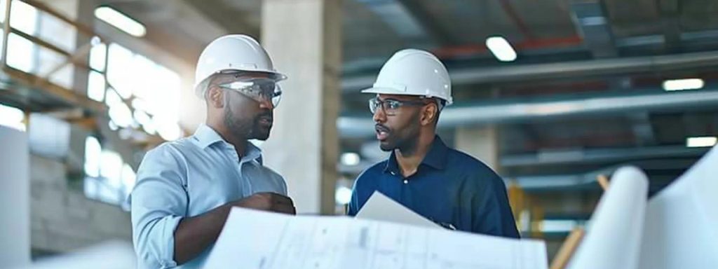 a confident architect and a meticulous insurance advisor engage in a focused discussion inside a modern cardiff office, surrounded by detailed blueprints and legal documents, epitomising the importance of robust contractual agreements in construction projects.