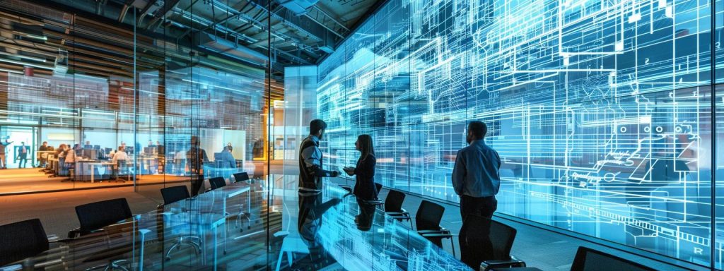 a dynamic office conference room in cardiff showcases a diverse group of architects and technologists engaging in a collaborative project management discussion, illuminated by bright modern lighting and adorned with intricate architectural blueprints on the glass table.