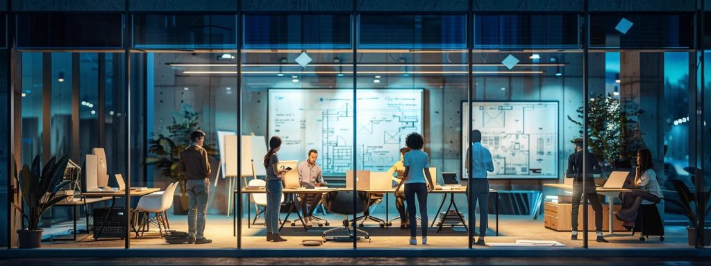 a dynamic office setting showcases an animated group of architects and clients engaged in a vibrant discussion over intricate blueprints, illuminated by contemporary lighting that emphasises the collaborative spirit of their architectural project.