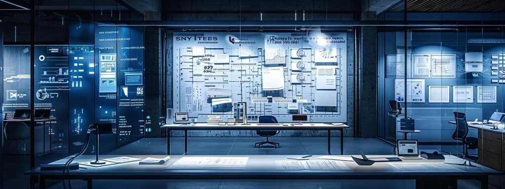 a modern architectural office, featuring a sleek conference table surrounded by blueprints and digital screens displaying detailed project timelines, all illuminated by bright, focused overhead lighting that highlights the intricate designs and fosters a collaborative atmosphere.