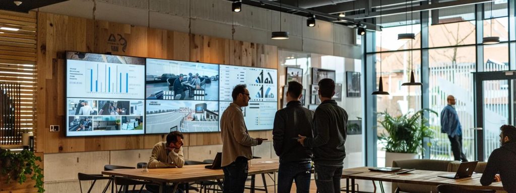 a modern cardiff construction office bathed in bright artificial light, showcasing a diverse team of professionals engaged in a collaborative discussion around a large digital screen displaying design plans and project timelines, symbolising the integration of design and build strategies to reduce costs.