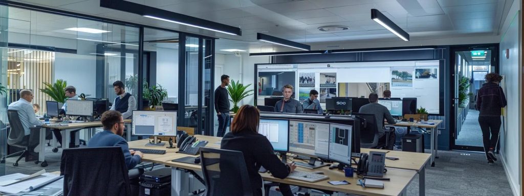 a modern cardiff design and build office bustling with local experts engaged in collaborative discussions over architectural plans and digital displays, highlighting their deep understanding of regional regulations and market dynamics.