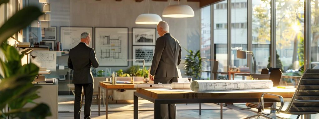 a modern office space showcases an architect in a sharp suit discussing blueprints and design concepts with clients, illuminated by bright overhead lights that highlight the intricate details of the plans laid out on a sleek conference table.