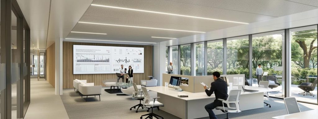 a modern, sleek office interior showcases an architect and a client engaged in a focused discussion over detailed architectural plans, with transparent fee structures and service agreements displayed prominently on a digital tablet, emphasising clarity and professionalism.