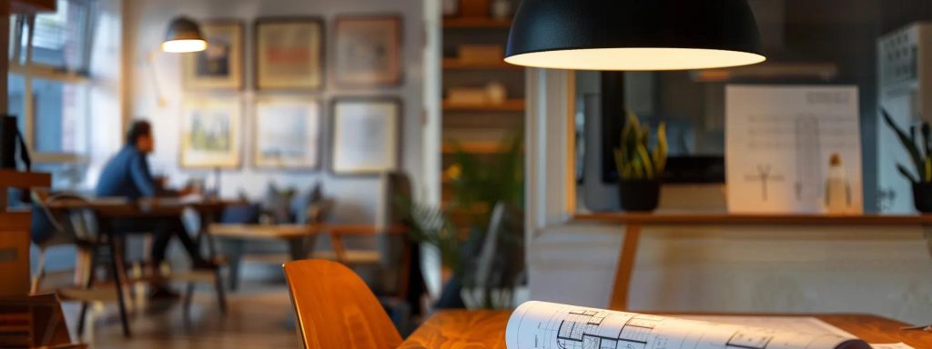 a professional architect's office in cardiff, featuring sleek design elements like modern furniture and architectural blueprints, where a prospective client engages in a thoughtful discussion, illuminated by warm ambient lighting.