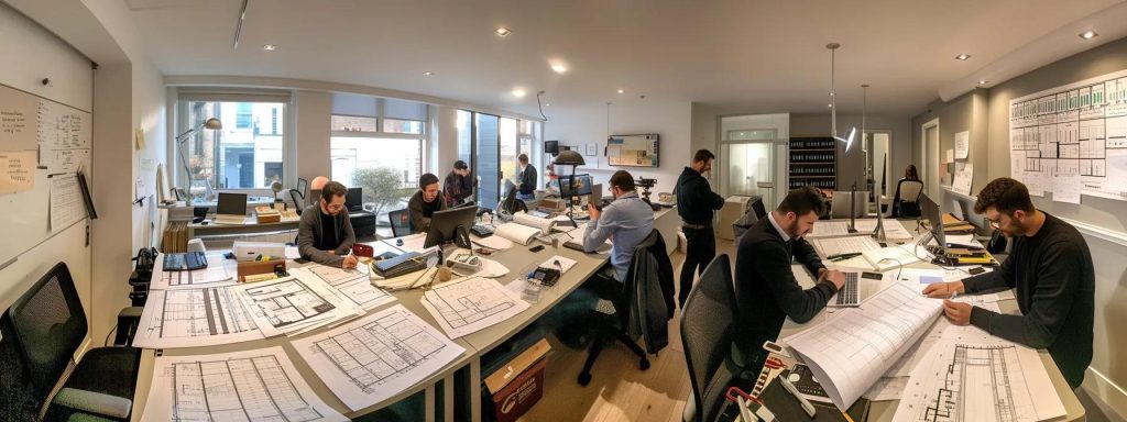 a sleek cardiff architectural office, bustling with professionals reviewing detailed blueprints and engaging in dynamic discussions about fee structures and project budgeting under bright overhead lighting.