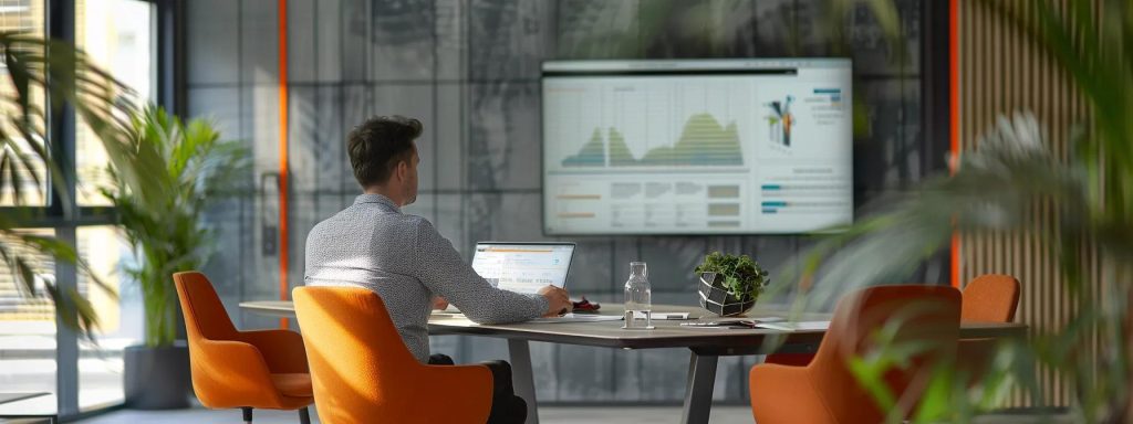 a sleek conference room in south wales featuring an architect at a modern table, consulting over a detailed construction document and a visually engaging contract outline on a digital screen, conveying professionalism and clarity in architectural services.