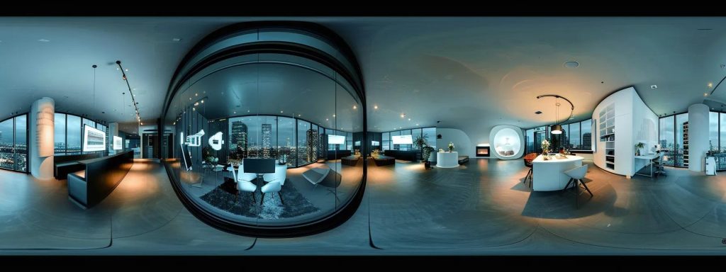 a sleek, modern office environment showcases a digital presentation featuring innovative architectural designs, with interactive vr elements highlighting custom residential and commercial projects seamlessly blending technology and expert craftsmanship.