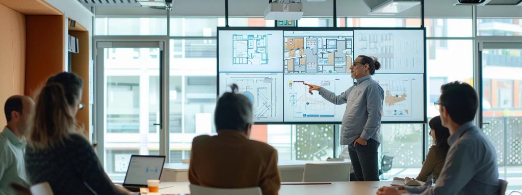 a sleek, modern office environment is filled with architects and developers engaged in a dynamic discussion around a large digital screen displaying architectural plans and project timelines, emphasising their collaborative approach to design and build methods.