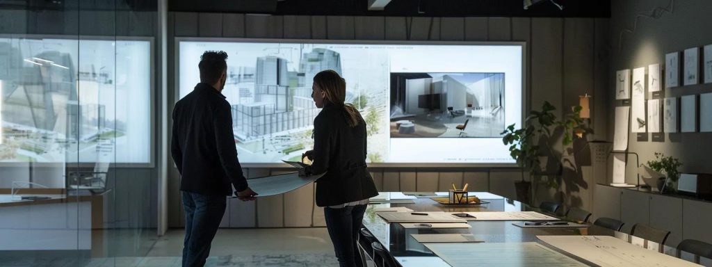 a sleek, modern office environment showcases a professional architect and client engaged in a dynamic discussion at a glossy conference table, with architectural plans and 3d models vividly displayed in the background, emphasising collaboration and project scope definition.