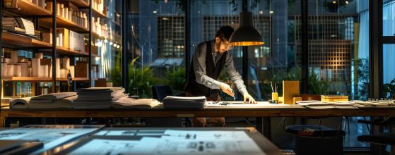 a sleek, modern office filled with architectural blueprints and design models, illuminated by warm artificial lighting, showcasing a confident architect discussing project plans with a client.