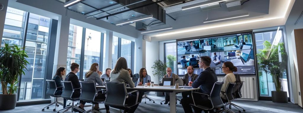 a sleek, modern office meeting room in cardiff, filled with a diverse team of professionals engaging in dynamic discussions over architectural plans and digital blueprints, highlighting the integrated approach of commercial design and build.