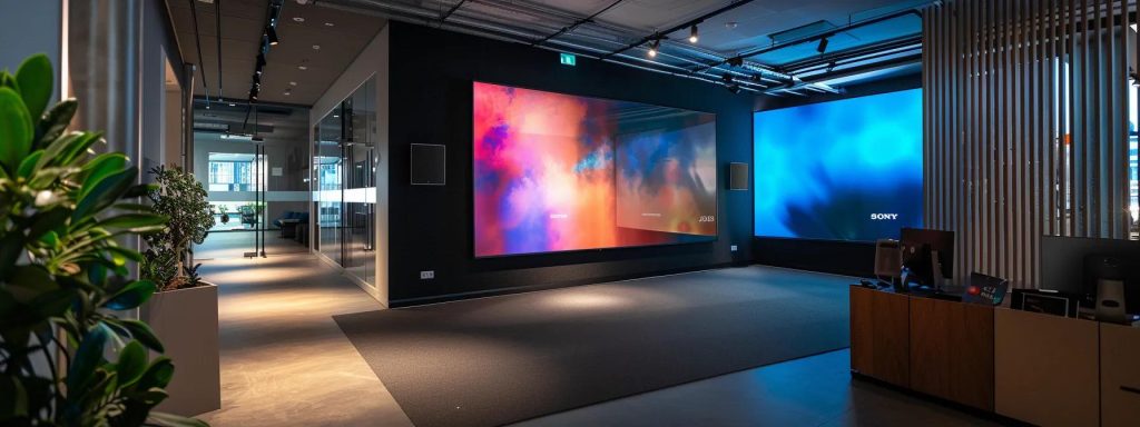 a sleek, modern office setting showcases a dynamic presentation on a large screen, featuring immersive vr designs and digital models that highlight jamatek design studio's innovative approach to optimising functionality and sustainability.