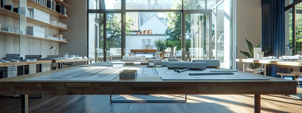 a sleek, modern office space in south wales, featuring a large conference table surrounded by blueprints and architectural models, captures the essence of collaborative planning for a sustainable architectural project.