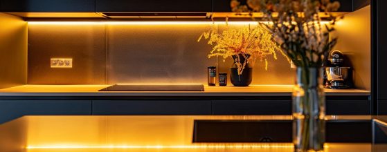 a modern, sleek kitchen undergoing a stylish renovation, showcasing high-end materials and innovative design, illuminated by bright artificial lighting to emphasise the transformation and potential value increase.