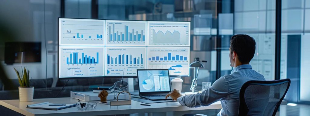 a sleek, modern office environment features a large, clear breakdown chart on a digital screen, showcasing the detailed cost distribution of a full home remodel by room and area, with a professional seated at a stylish desk observing meticulously.