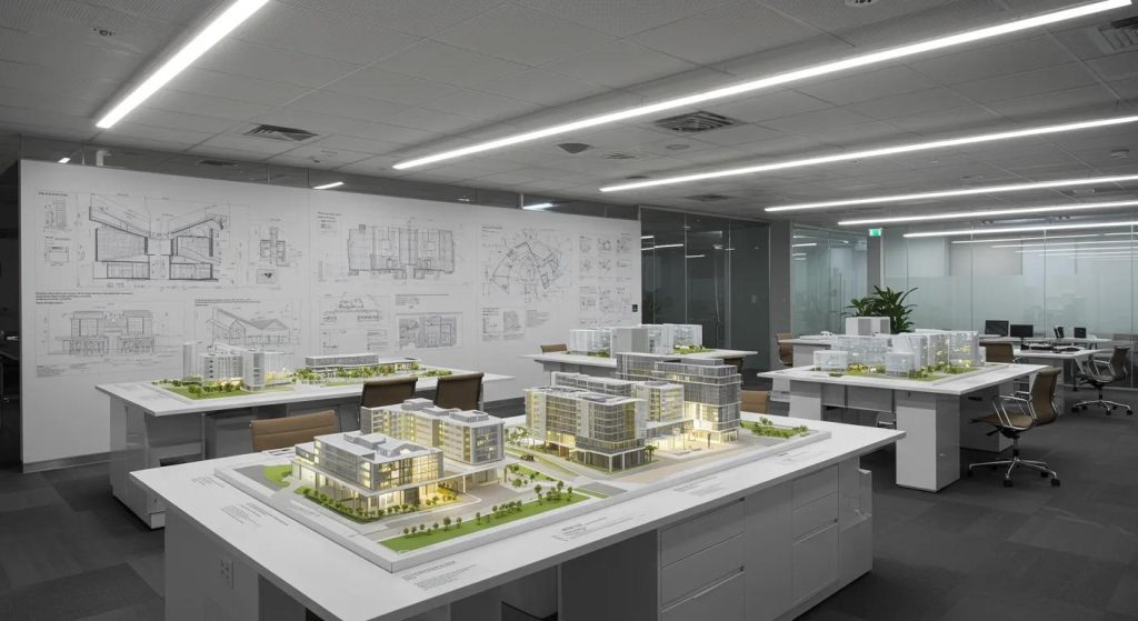 a sophisticated architectural office interior features detailed blueprints and models of sleek office blocks and retail centres, illuminated by bright, focused lighting, showcasing the innovative design solutions integral to commercial architectural services.