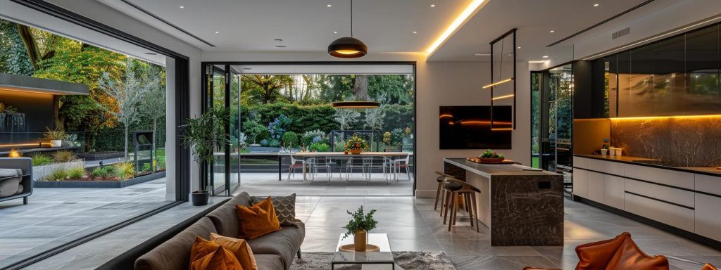 a contemporary cardiff home interior showcases seamless integration with a stylish outdoor living space, featuring expansive glass doors, earthy colour palettes, and smart garden elements that highlight a harmonious blend of functionality and design innovation for 2025.