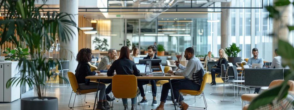 a dynamic office setting in cardiff showcases a diverse team engaged in an animated discussion around digital project management tools, emphasising collaboration and innovation in construction delivery models.