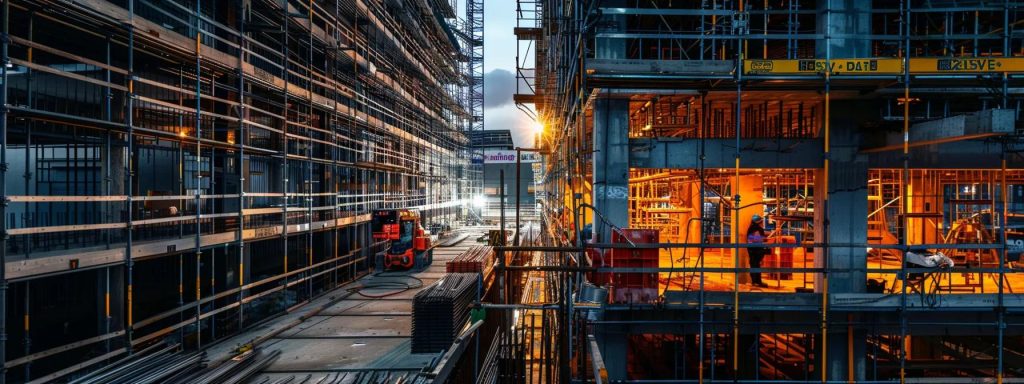 a dynamic urban construction site in cardiff showcases project managers engaging with contractors amidst scaffolding and building frames, under the focused glow of site lights, illustrating the meticulous coordination required for successful project completion.