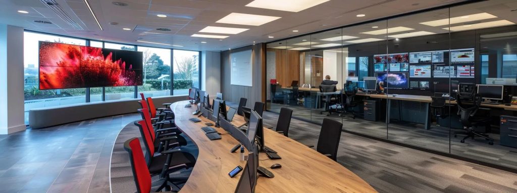 a modern cardiff construction office buzzes with activity, showcasing teams collaborating around digital displays and sophisticated design software, highlighting the seamless integration of technology in the design and build processes.
