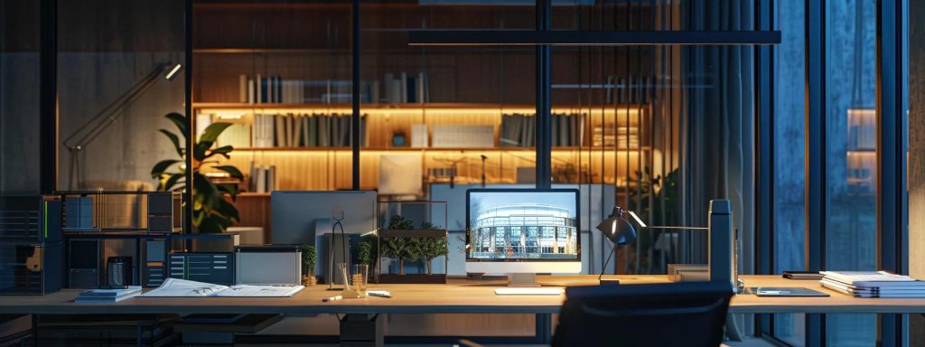 a sleek architectural office, showcasing detailed blueprints and contrasting models of a stylish home renovation on one side, and a sophisticated new build on the other, illuminated by focused ambient lighting to highlight the distinct planning approaches.