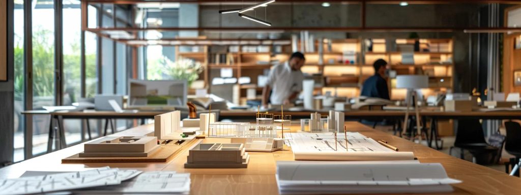 a sleek, modern architect's office bustling with activity, featuring blueprints and design models prominently displayed on a polished conference table, while professionals engage in passionate discussions about innovative residential projects.