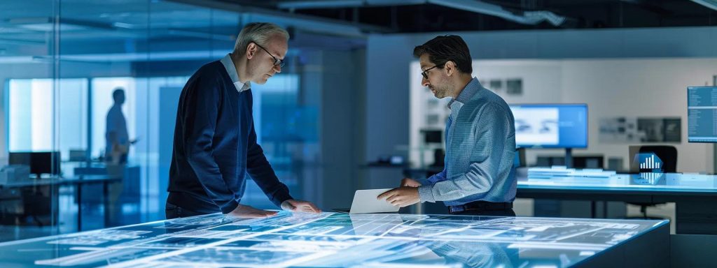 a sleek, modern architectural office space showcases digital displays of ai-generated building designs on interactive screens, with an architect and a client engaged in discussions over a futuristic, illuminated table hosting a 3d model of a sustainable building project.