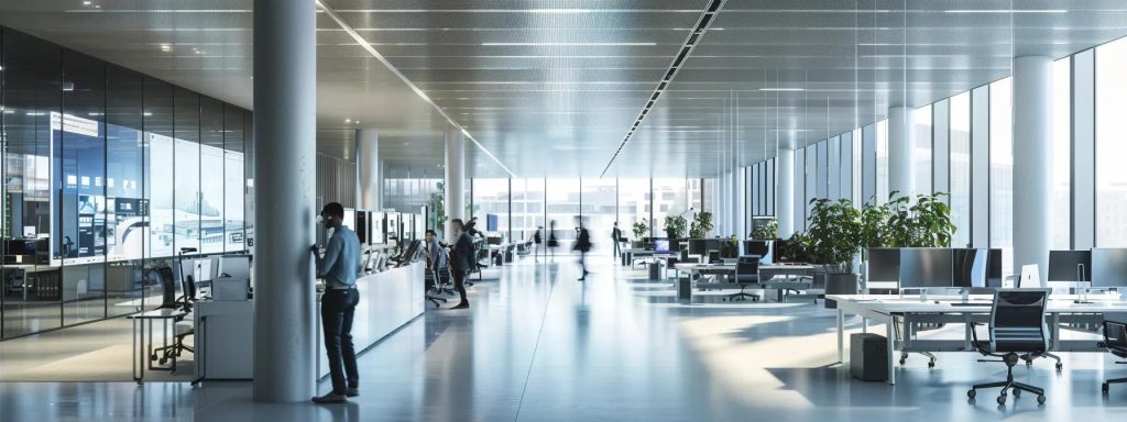 a sleek, modern architectural office bustling with activity, featuring digital screens displaying intricate ai-driven building designs and project timelines, all illuminated by bright, focused lighting that emphasises the high-tech atmosphere of innovation and efficiency.