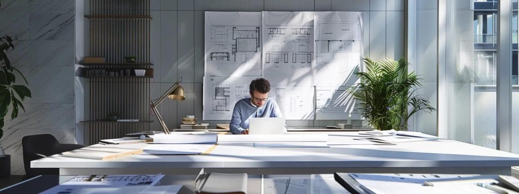 a sleek, modern architectural office with a prominent draft table displaying detailed blueprints, while a confident architect reviews building regulations documents under bright, focused artificial lighting.