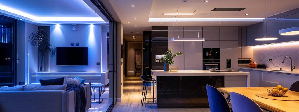 a sleek, modern kitchen and bathroom showcase innovative open-plan layouts and minimalist designs, featuring smart appliances and elegant fixtures, illuminated by strategically placed led lighting, in a stylish cardiff home renovation setting.