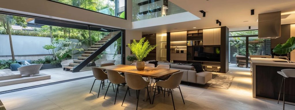 a sleek, modern living space in cardiff features modular furniture and a flexible layout, showcasing an elegant dining area that effortlessly transforms into a stylish home office, illuminated by smart integrated lighting systems.