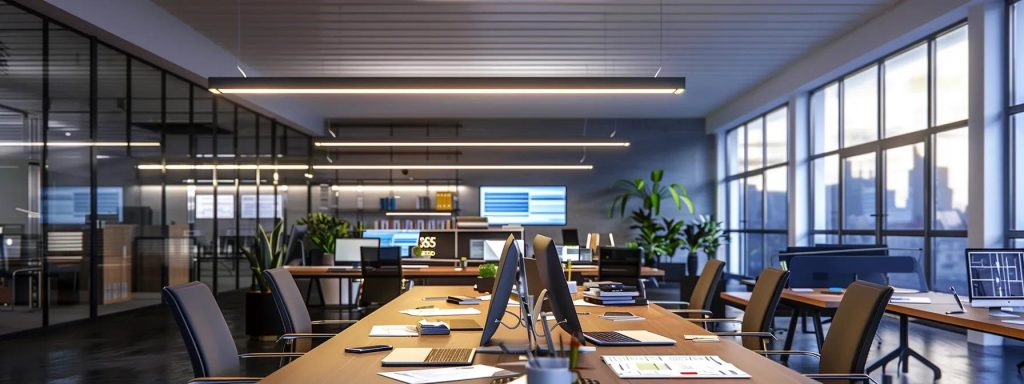 a sleek, modern office space in cardiff, featuring a large table scattered with detailed project plans and 3d modelling software on laptops, illuminated by bright overhead lights, emphasising effective budgeting and strategic planning for residential design projects.