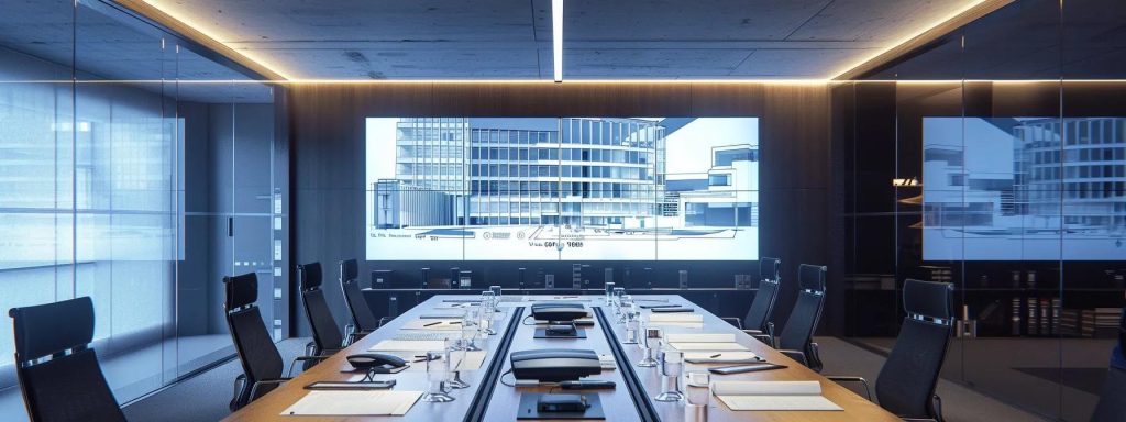 a sleek, modern office workspace features a large conference table surrounded by blueprints and planning documents, with a digital screen displaying a 3d architectural model of a cardiff home renovation project, illuminated by bright, focused led lights.