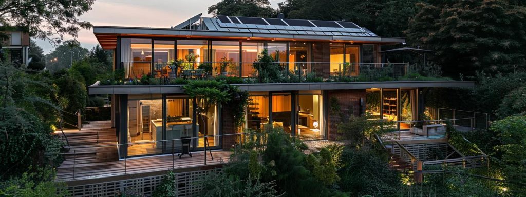 a striking modern cardiff home showcases sustainable design with solar panels, a green roof, and recycled materials, bathed in warm, inviting artificial light that highlights its innovative architecture in an urban environment.