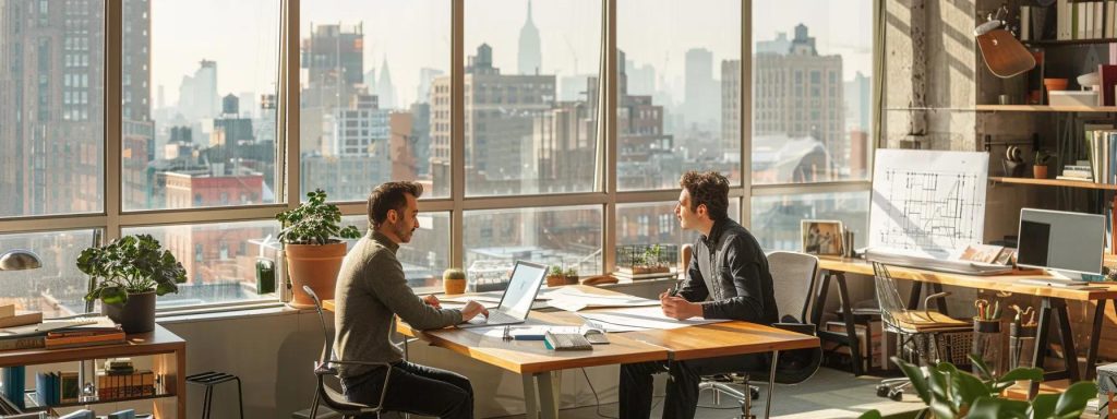 a vibrant urban architecture office, filled with blueprints and models, where an engaged architect discusses a local construction project with a client, set against a backdrop of cityscape views through large windows.