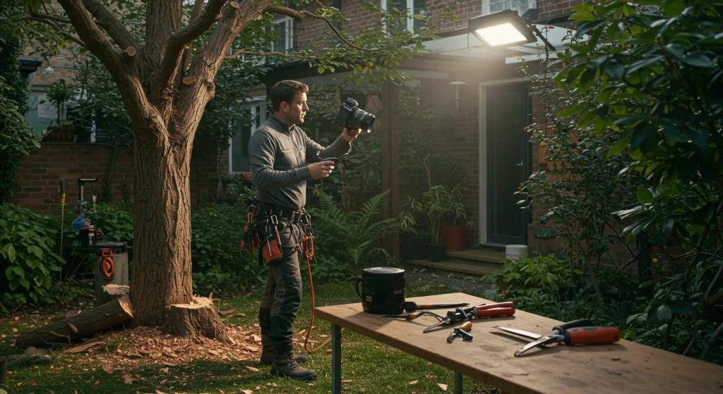a professional arborist inspects a residential tree showing signs of damage and disease, standing amidst a meticulously maintained urban garden, with tools for tree surgery prominently displayed on a nearby workbench under bright, artificial overhead lighting.