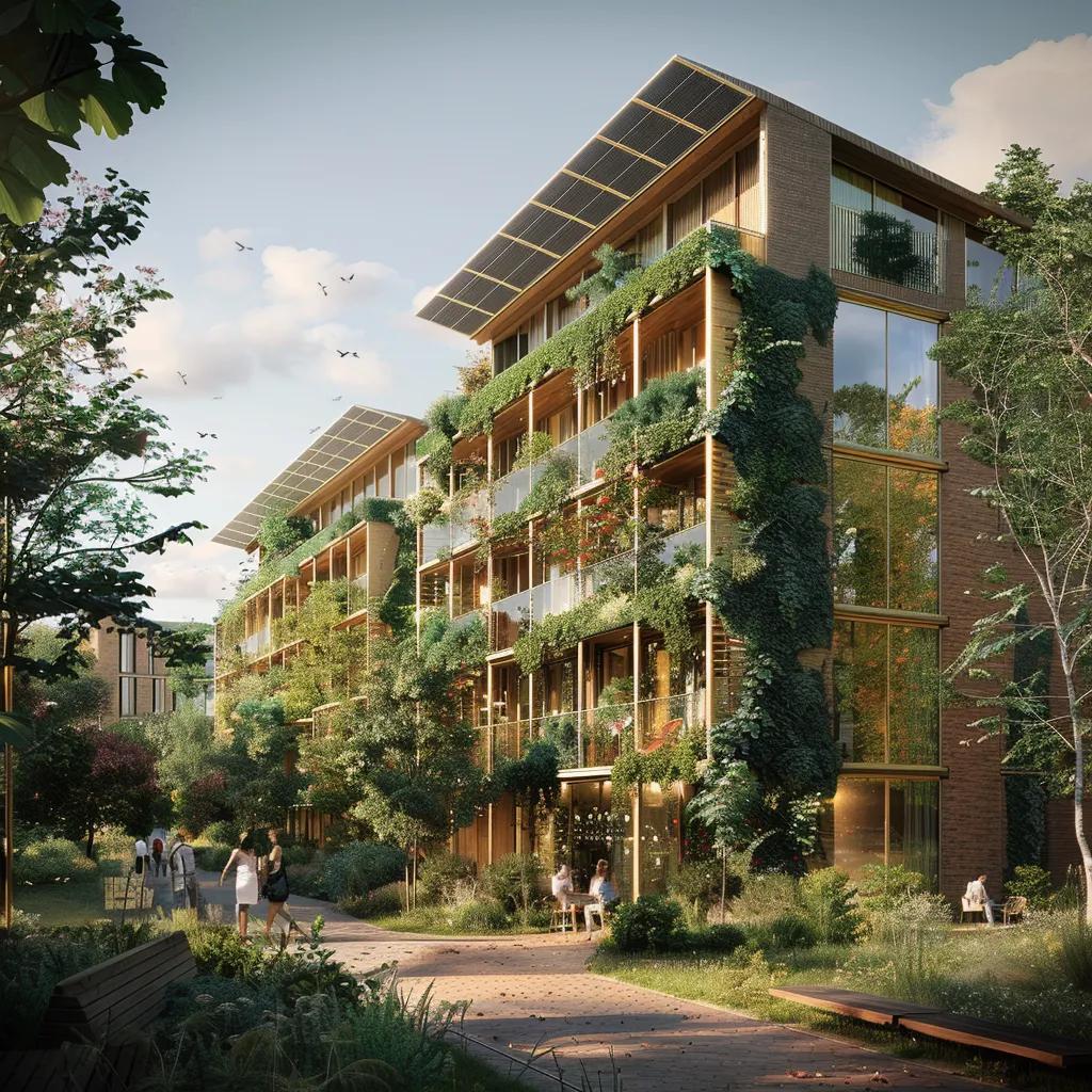 Modern sustainable building in Cardiff with solar panels and greenery