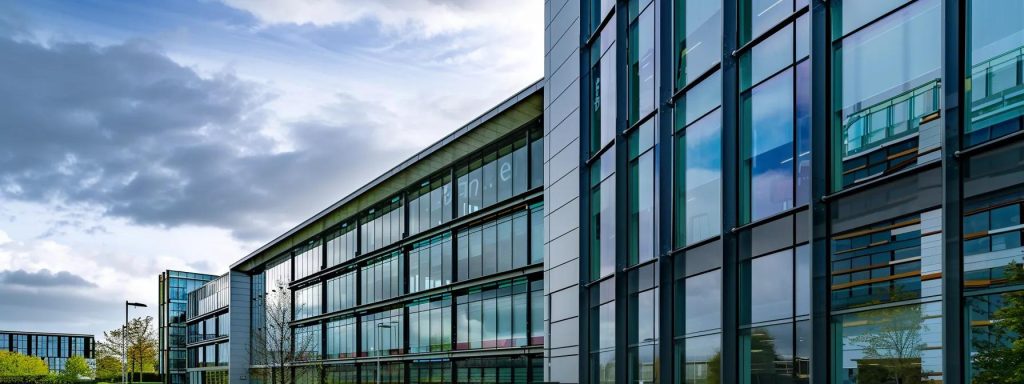 a modern commercial building in cardiff showcases sleek lines and innovative architecture, featuring solar panels and energy-efficient materials prominently in an urban setting, reflecting the city’s commitment to sustainable construction practices.